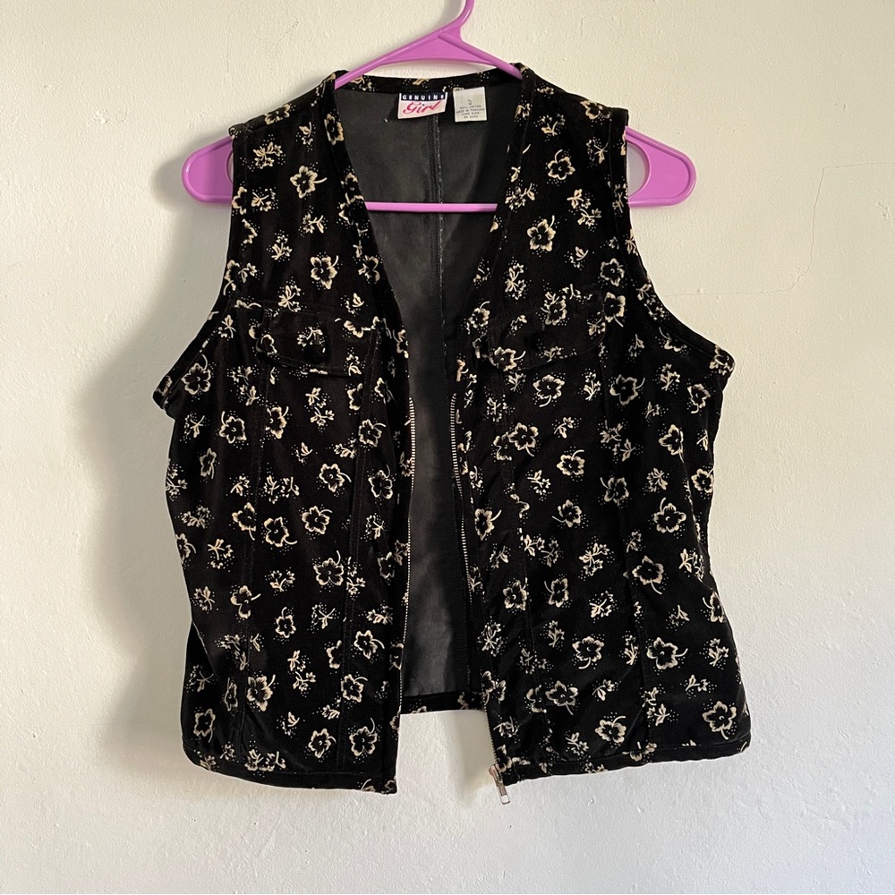 Genuine Girl | Vintage Y2K Zip Up Velvet Vest | Black/Tan Floral Print | Medium